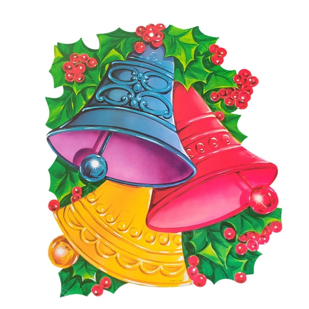 Vintage 60s Christmas Die Cut Three Bells Holly Cardboard Wall Decor Matte HMS